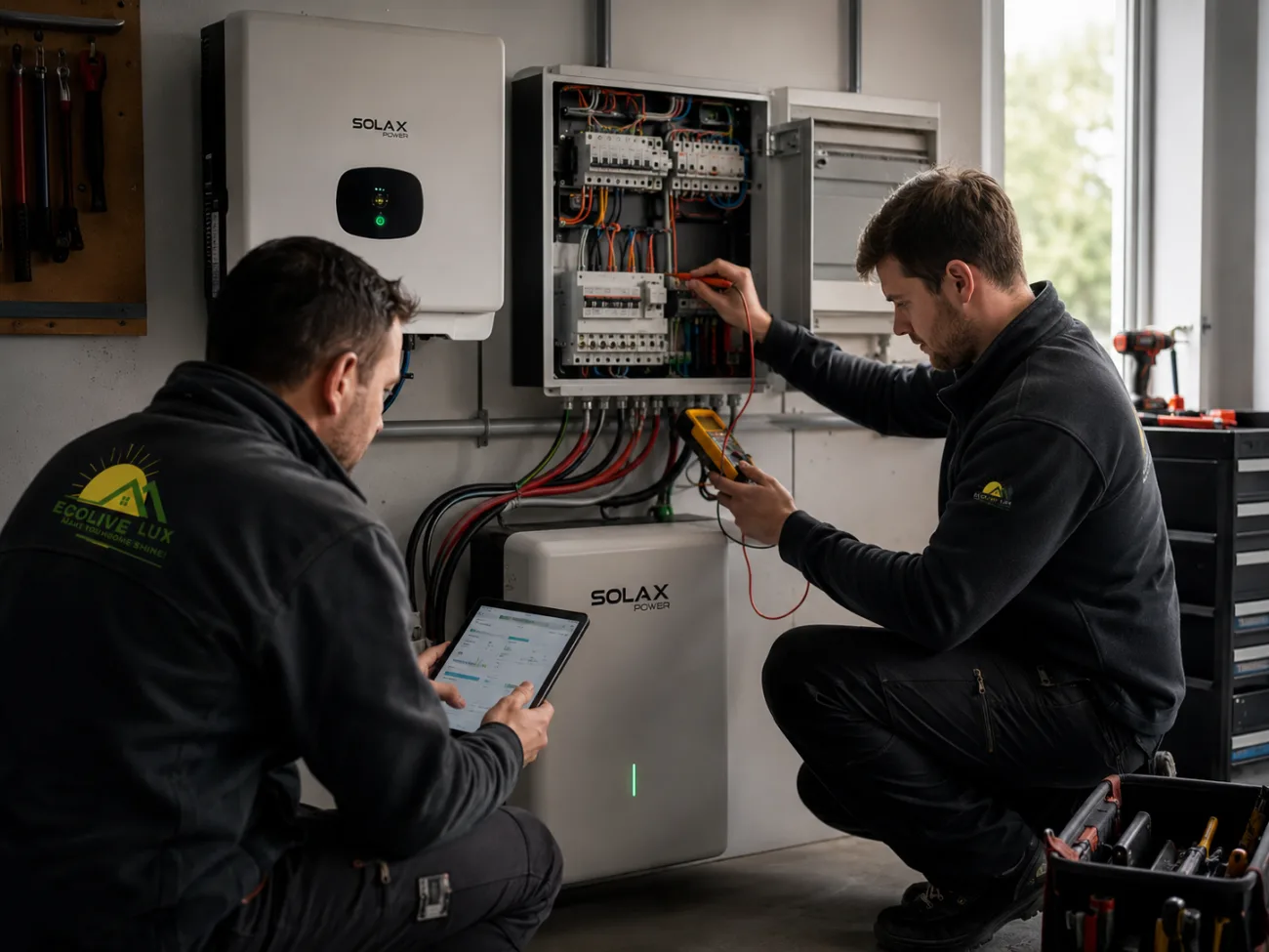 Technicien EcoLive Lux effectuant le raccordement électrique et la mise en service