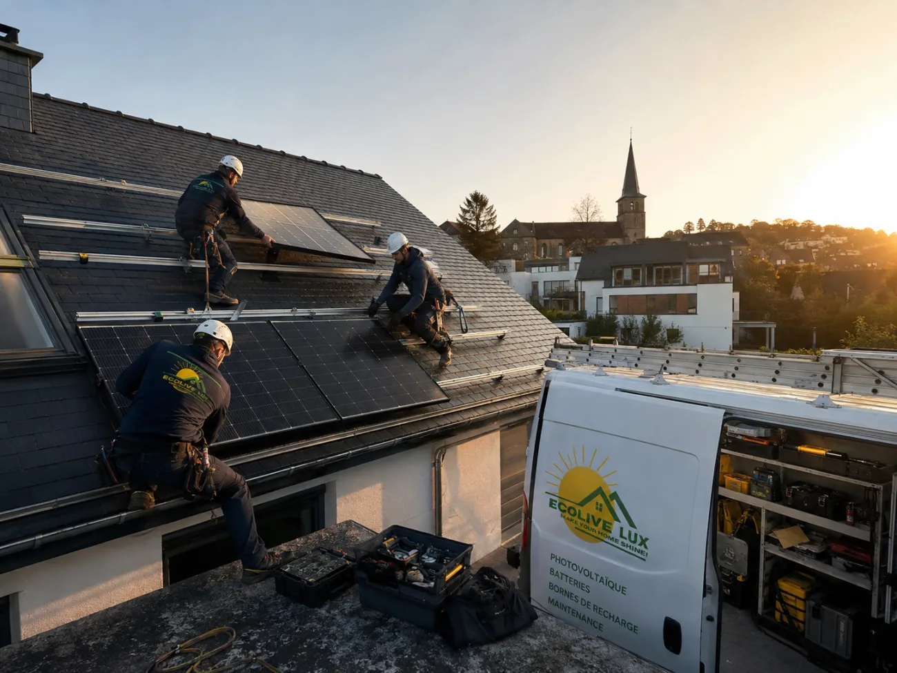 Installateurs EcoLive Lux posant des panneaux photovoltaïques au coucher du soleil