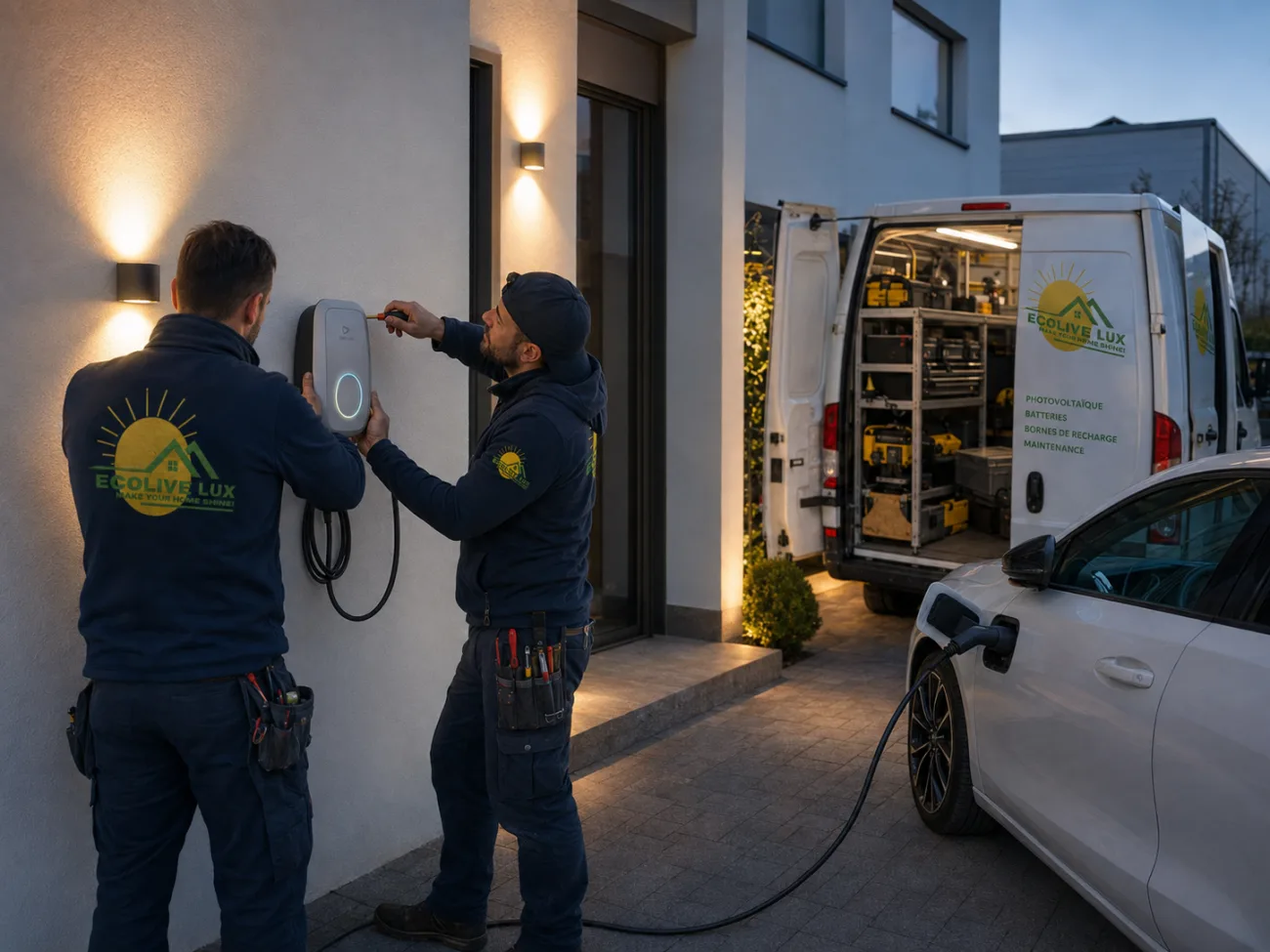 Borne de recharge pour véhicule électrique installée par EcoLive Lux