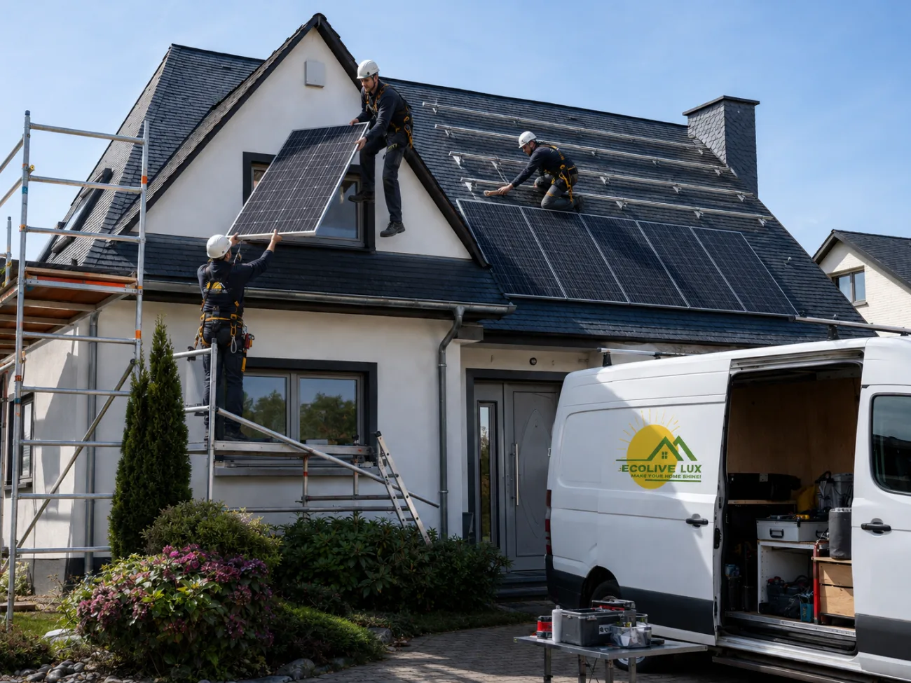 Maison équipée de panneaux photovoltaïques installés par EcoLive Lux au Luxembourg